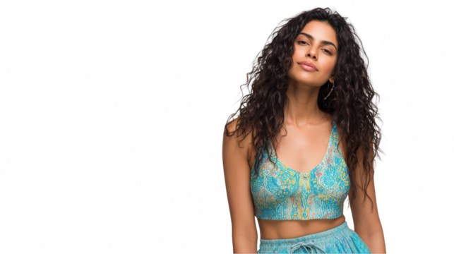 Indian model with long, curly hair posing confidently in a stylish sleeveless cropped top and skirt, exuding effortless beauty against a transparent background - Powered by Adobe