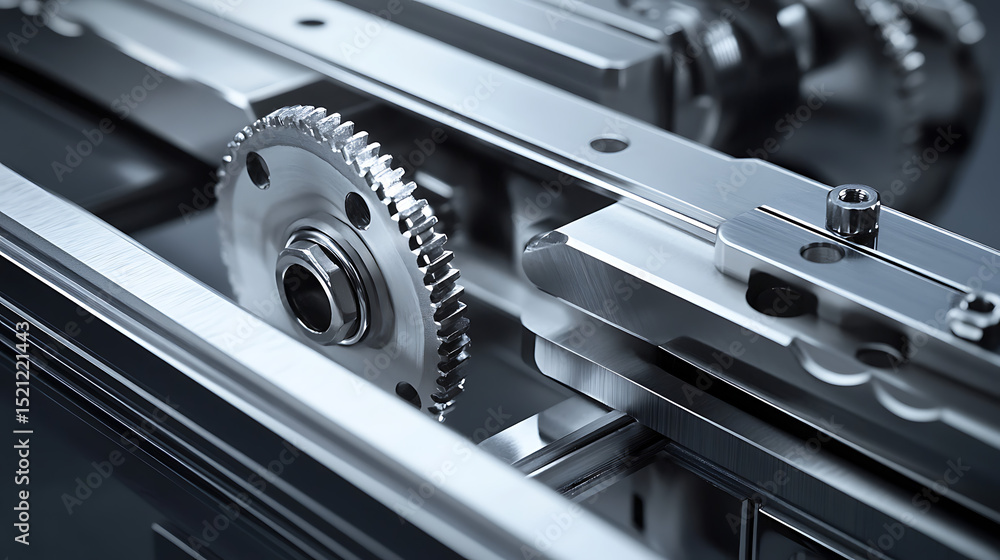 Poster a close up of a machine with gears and a black background. the gears are silver and the machine appe