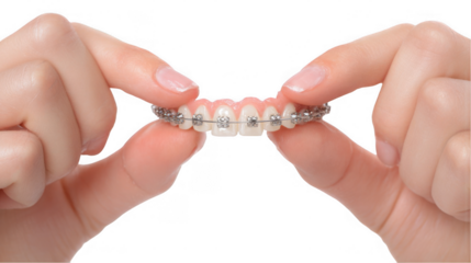 Hands of a dentist holding a dental model with metal braces, showing the process of aligning teeth, isolated on transparent background, ideal for dental and orthodontic marketing