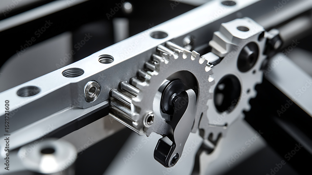 Aufkleber a close up of a machine with gears and a black background. the gears are silver and the machine appe
