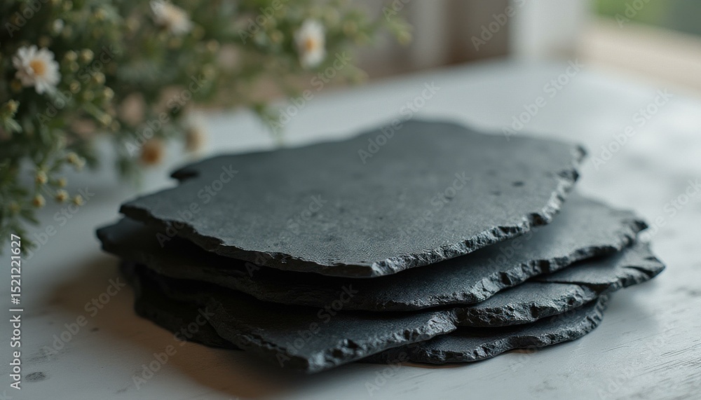 Poster stack of slate coasters on table indoors, serene minimalist setting