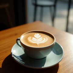 Enjoying Coffee Latte Art in Cup on Wood Table