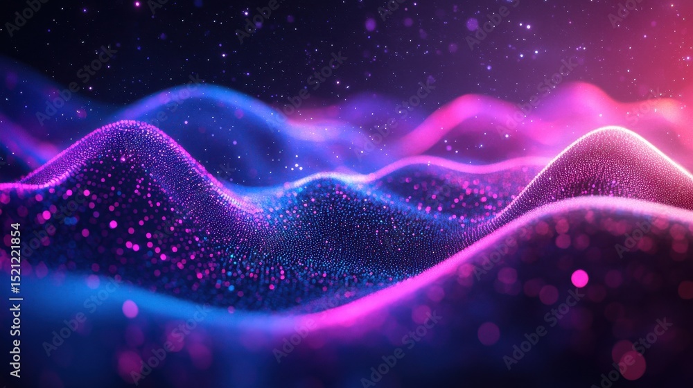 Poster Abstract digital rendering of glowing particles in wavy landscape