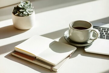 A minimalist desk setup with a laptop and coffee in soft natural light, creating a calm and productive workspace
