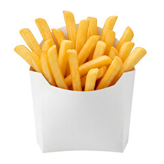 French fries in a white paper container set against a white backdrop