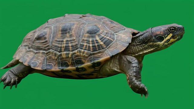 Dark-shelled turtle with yellow markings on head, isolated on vibrant green.