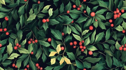 A seamless holiday pattern featuring leaves, holly, and garlands, arranged in a continuous repeating design
