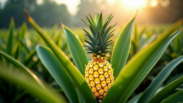Watch as a pineapple grows big and yellow in a lush field during a beautiful sunset