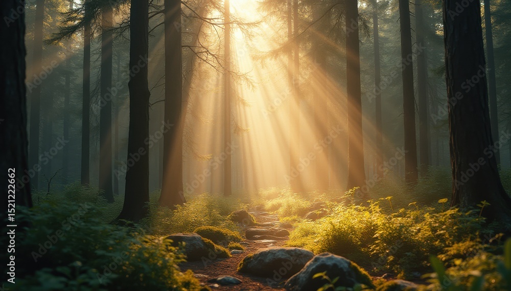 Aufkleber Serene forest path with sunbeams filtering through trees