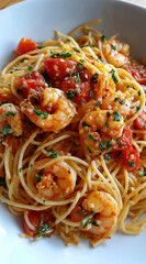 Pasta with Shrimp, Chili, Tomato and Garlic. A flavor explosion of pasta with juicy shrimp, heat from chili, sweetness from tomatoes and a touch of garlic 