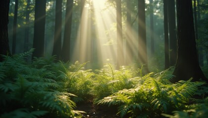 Fototapeta premium Sunlit ferns in a serene forest, daytime magic