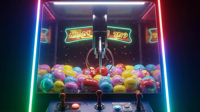 Neon claw machine filled with emoji balls under a "Most Lucky?" sign