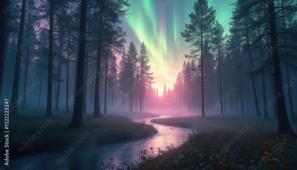 Aufkleber misty forest with tall coniferous trees and aurora borealis