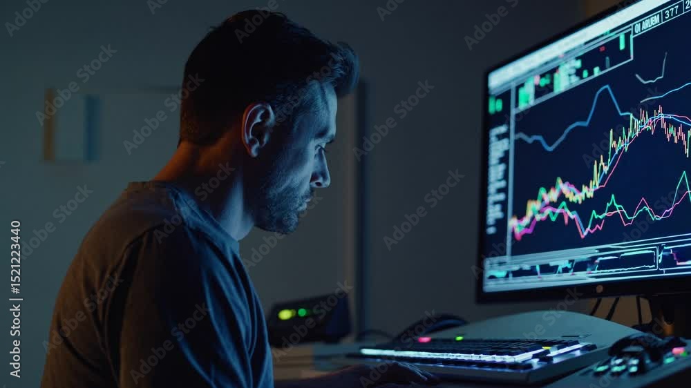 Poster focused stock market analyst analyzing real time telemetry data on computer screens, making strategi