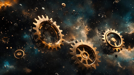 A set of disjointed gears floating in space, symbolizing the disintegration of systems and the unpredictability of modern life