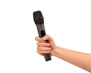 Hand holding wireless microphone isolated. Premium high quality studio shot. Concept for...