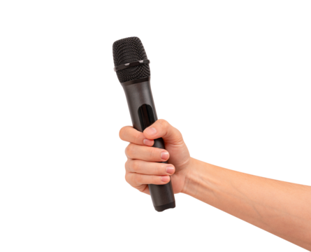 Hand holding wireless microphone isolated. Premium high quality studio shot. Concept for entertainment and recreation.