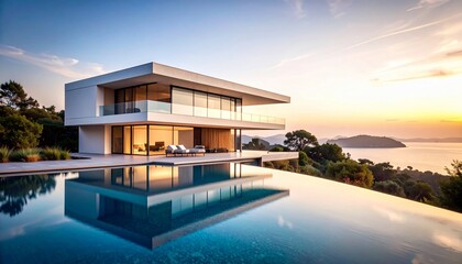 Luxury Villa with Infinity Pool and Sea View at Sunset
