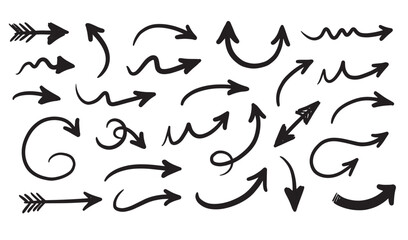 A collection of hand drawn black silhouette arrows in various shapes and directions