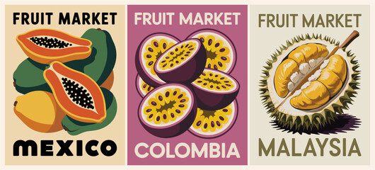 Set of retro mid-century modern Fruit Market posters featuring exotic fruits like durian, maracuya, and papaya from Mexico, Colombia, and Malaysia. Vintage tropical vector art for decor