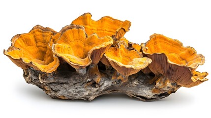 Close up of several bright orange bracket fungi growing on a piece of wood against a white background
