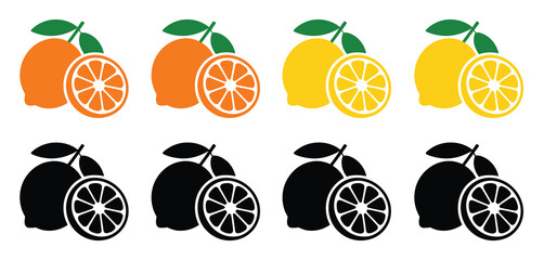 Colorful Lemon and Orange Fruit Icons Set