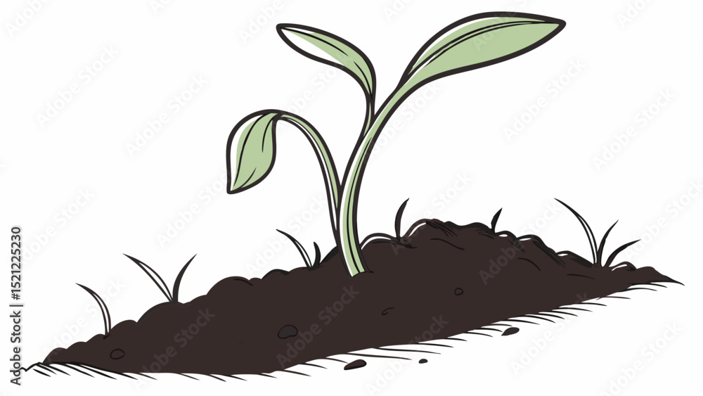 Poster illustration of a small plant sprouting from soil with two leaves and some grass around it drawn sty