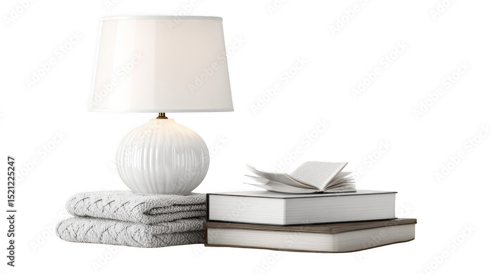 Poster cozy nightstand setting featuring a stack of books with an open book on top, soft towels, and a mode