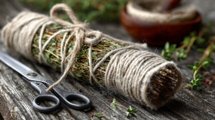 Rustic bundle of fresh herbs tied with natural twine on wooden table with scissors and wooden bowl in background
