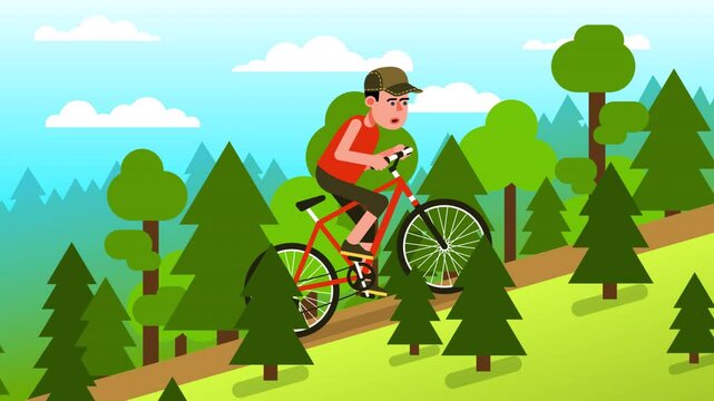 Cyclist Struggling Uphill on Forest Trail - Cartoon Animation. Male cyclist rides a mountain bike uphill through a dense forest, visibly straining with effort.