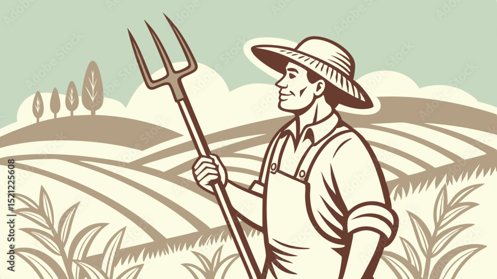 Poster illustration of a farmer holding a pitchfork in a field with trees and clouds in the background crea