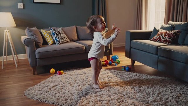 Barefoot toddler girl dancing with pure joy on soft living room carpet, expressing childhood happiness and playful energy