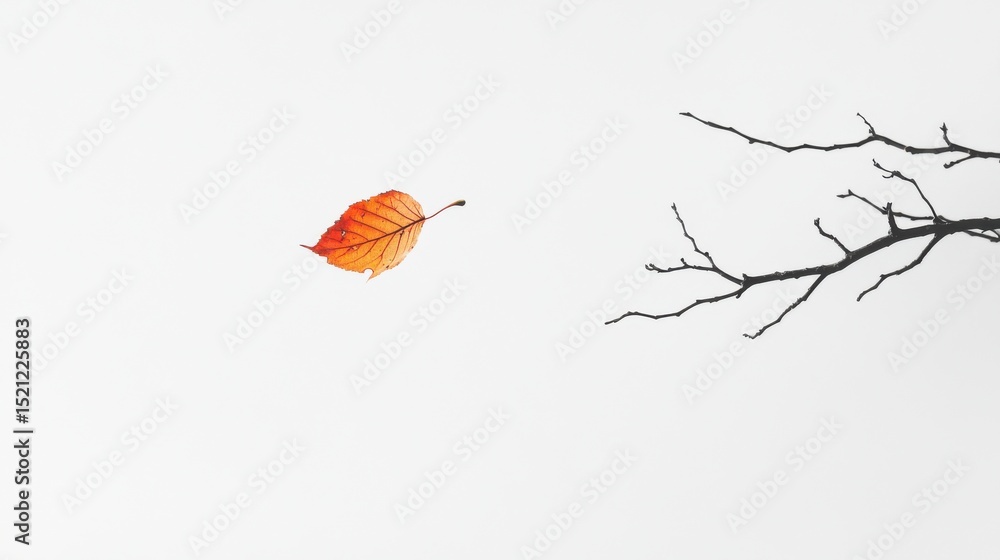 Poster Falling leaf from a bare tree branch in serene autumn setting
