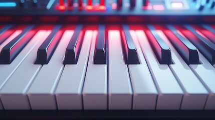Close-up of a keyboard's white and black keys illuminated by red and blue light, showcasing its control panel above