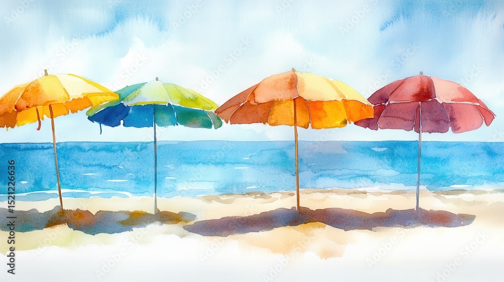 Poster four multicolored umbrellas on serene beach during daytime