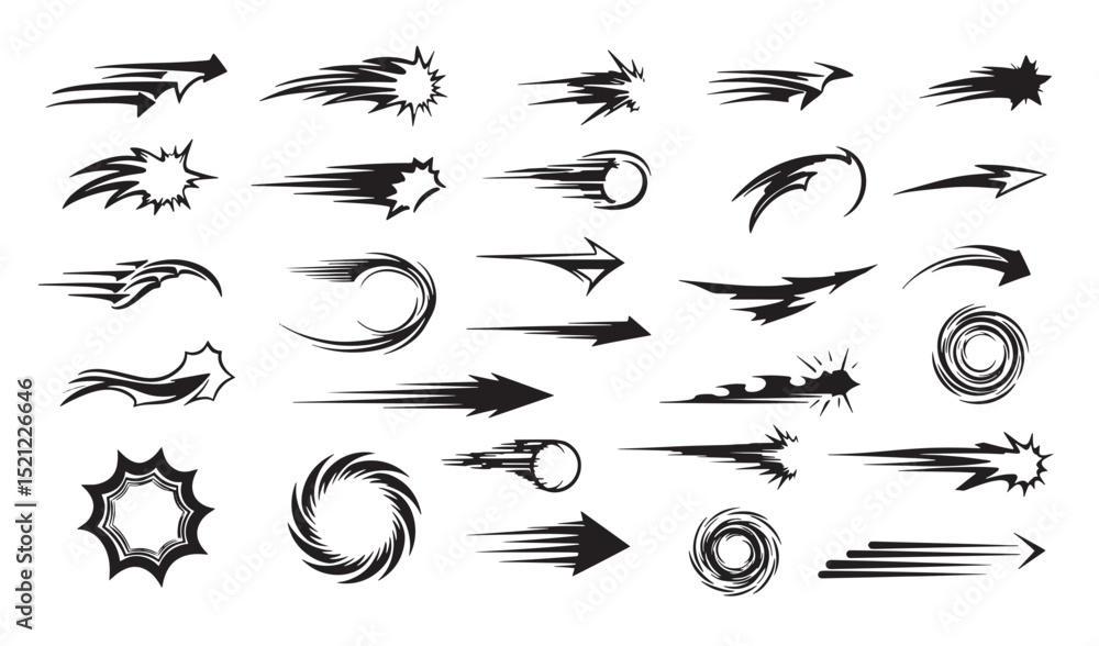 Poster collection of dynamic silhouette speed and motion graphic elements for creative design