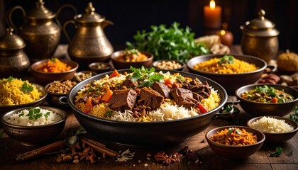 Delicious Festive Meal Display: Aromatic Rice with Tender Meat Cubes and Spices