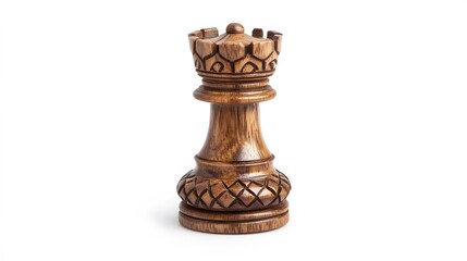 A single wooden rook chess piece with carved details isolated on a plain white background in studio shot