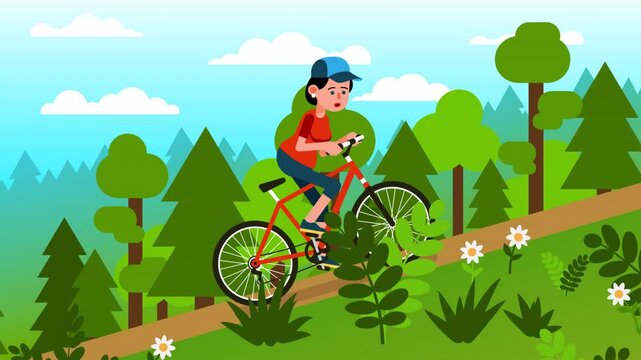 Woman Riding Bicycle Uphill in Forest - Cartoon Mountain Biking Animation. Young woman rides a red bicycle uphill through a lush green forest, visibly straining with effort.