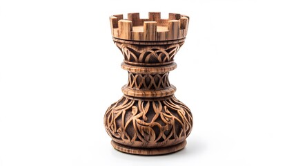 A detailed shot of a wooden rook chess piece with intricate carvings on a white background studio shot