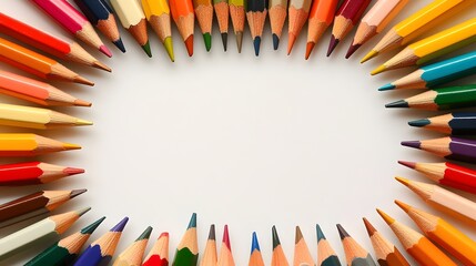A frame of colored pencils arranged around a white background creating a rectangular space inside it