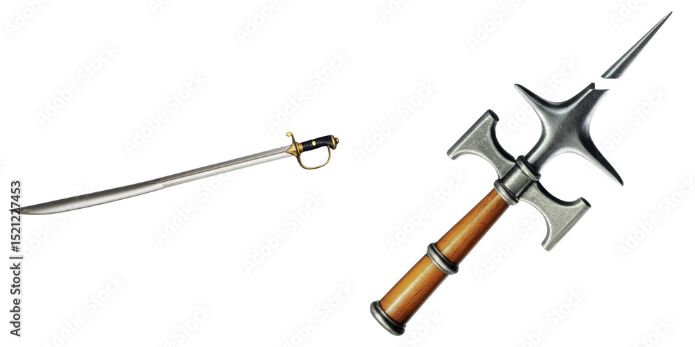 Poster png gleaming sword and a decorative halberd rest side-by-side on a transparent background.
