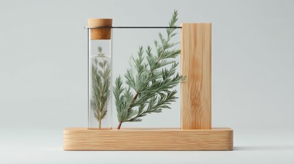 Aesthetic display of test tube with greenery and wooden stand showcasing nature's beauty in a minimalist design