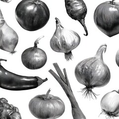 Black and White Sketch of Various Vegetables Including Onions, Tomatoes, Peppers, and More for Culinary Designs and Illustrations