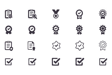 Fototapeta premium Checkmark and Approval Icon Set. Black Silhouette Vector Glyphs of Validation, Certification, Checklists, Documents, Awards and Security Verification. Vector Illustration