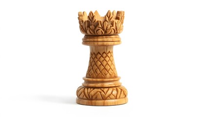 A single light brown wooden rook chess piece with carved details on a white background in a studio shot