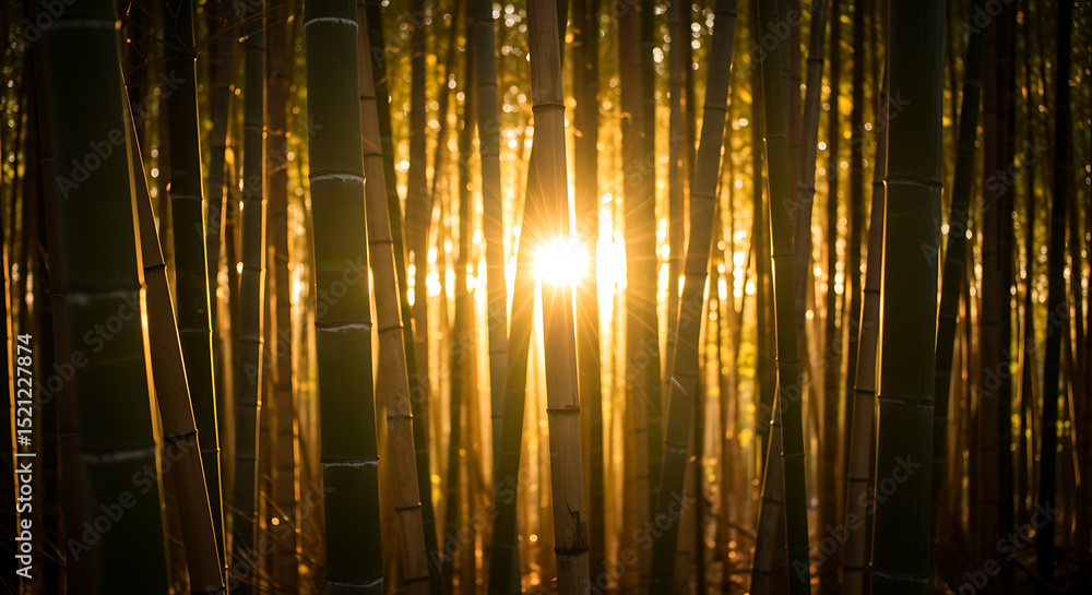 Poster golden sunlight streaming majestically through a dense bamboo forest, creating a serene and tranquil