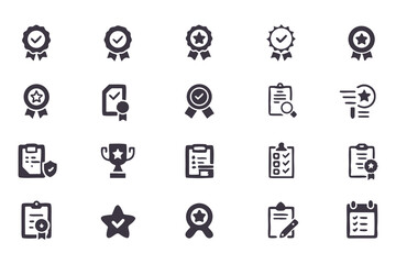 Checkmark and Approval Icon Set. Black Silhouette Vector Glyphs of Validation, Certification, Checklists, Documents, Awards and Security Verification. Vector Illustration