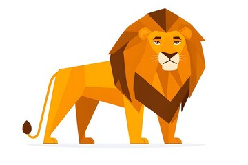 Illustration of a geometric lion with a golden mane standing on a white background in full view