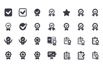 Checkmark and Approval Icon Set. Black Silhouette Vector Glyphs of Validation, Certification, Checklists, Documents, Awards and Security Verification. Vector Illustration